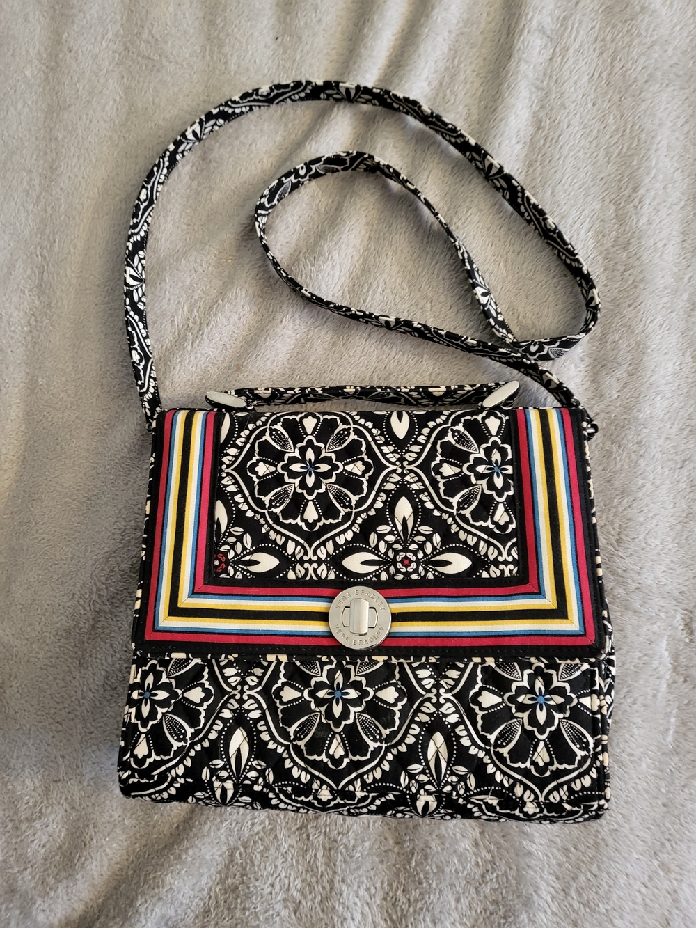 Vera Bradley Black Floral Crossbody with Multicolor Stripe Trim